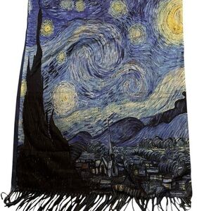 Van Gogh Starry Night” Oversized Blanket Scarf, fringe, viscose